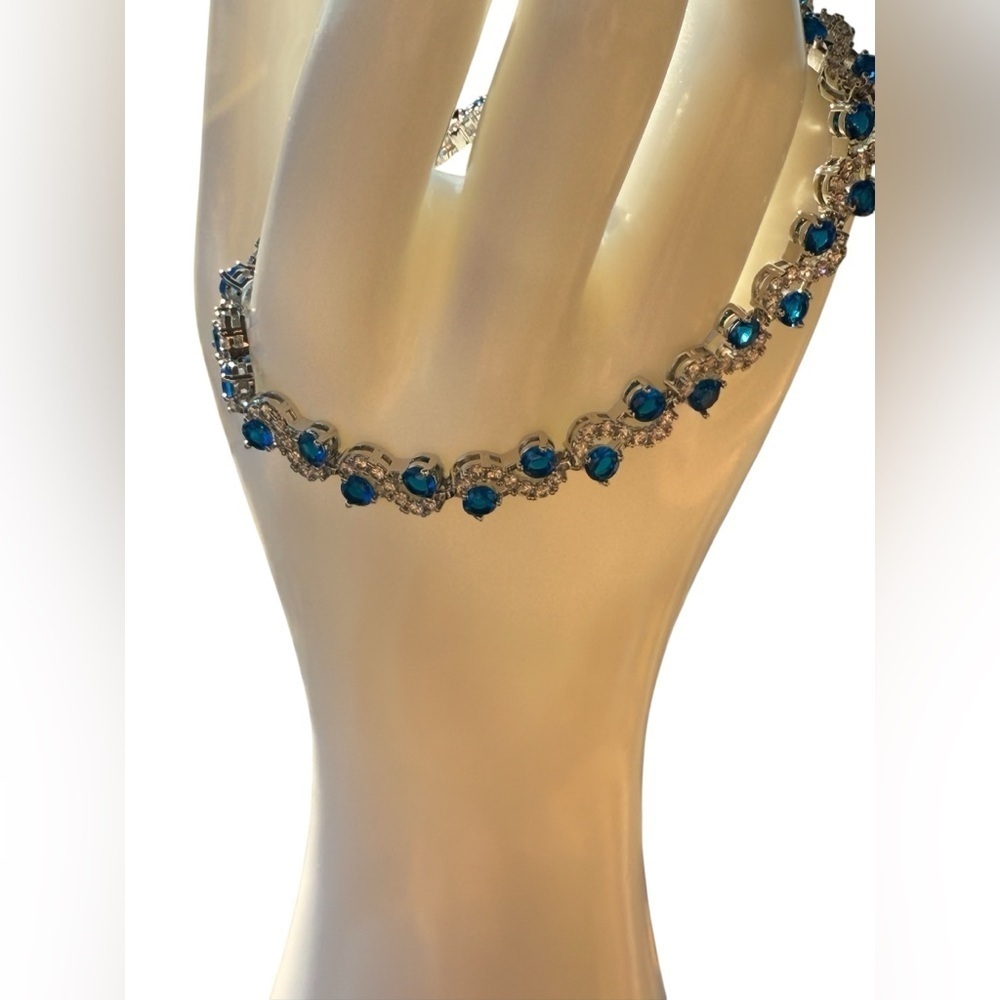 S925 Sterling Silver Blue CZ Link Bracelet Statement Style